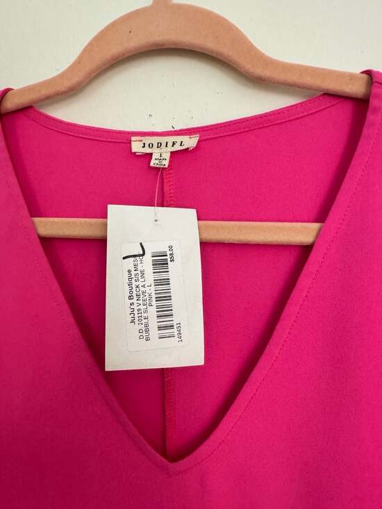 Jodifl Pink V-Neck Mesh Bubble Sleeve A-Line Shift Dress NWT - Picture 3 of 5